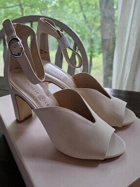 Chinese Laundry Cream Open-Toe Ankle Strap Block Heels